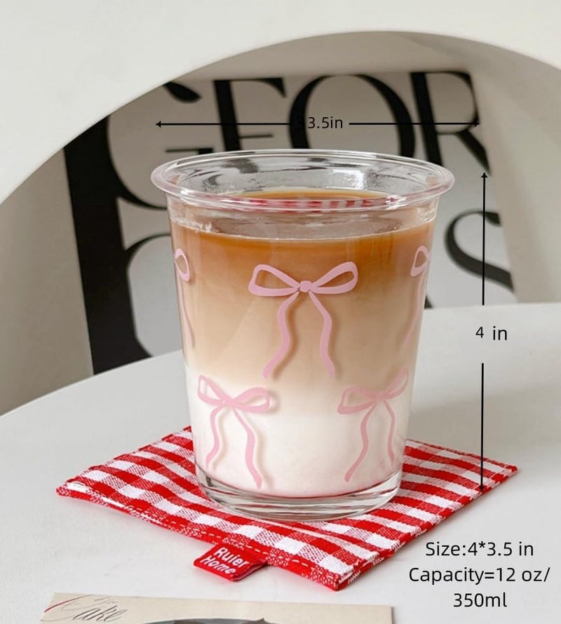 yaocoral Set of 2 12 OZ French Drinking Glasses Bow Glass Coffee Cup Tea Cup Cute Glass Cups for Iced TeaJuiceCoffeeMilkDessertStackable Glassware Drinkware Set pink bow - Image 4