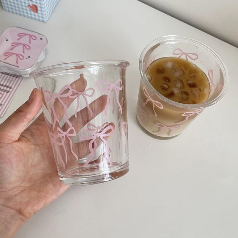 yaocoral Set of 2 12 OZ French Drinking Glasses Bow Glass Coffee Cup Tea Cup Cute Glass Cups for Iced TeaJuiceCoffeeMilkDessertStackable Glassware Drinkware Set pink bow - Image 3