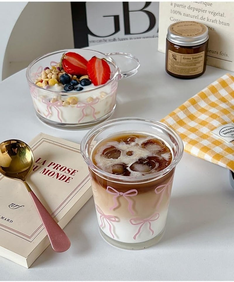 yaocoral Set of 2 12 OZ French Drinking Glasses Bow Glass Coffee Cup Tea Cup Cute Glass Cups for Iced TeaJuiceCoffeeMilkDessertStackable Glassware Drinkware Set pink bow - Image 2