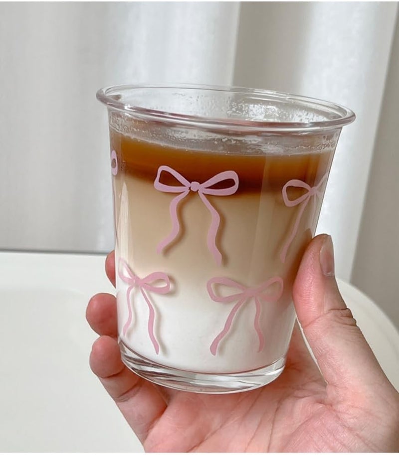 yaocoral Set of 2 12 OZ French Drinking Glasses Bow Glass Coffee Cup Tea Cup Cute Glass Cups for Iced TeaJuiceCoffeeMilkDessertStackable Glassware Drinkware Set pink bow - Image 5