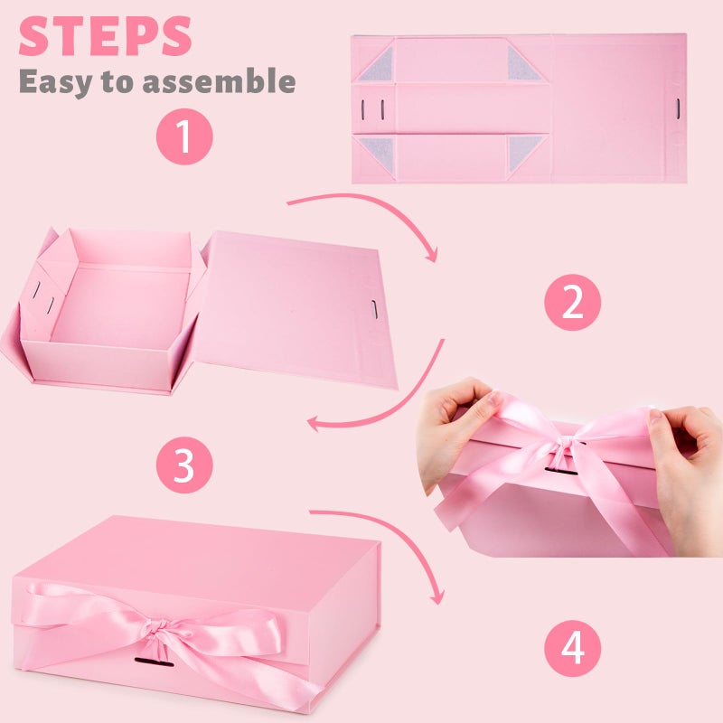 JOHOUSE Pink Gift Box, 10.5" x 7.5" x 3.1" Gift Boxes For Presents With Lids and Magnetic Closure Collapsible For Bridesmaid Proposal, Weddings, Anniversary Present - Image 3