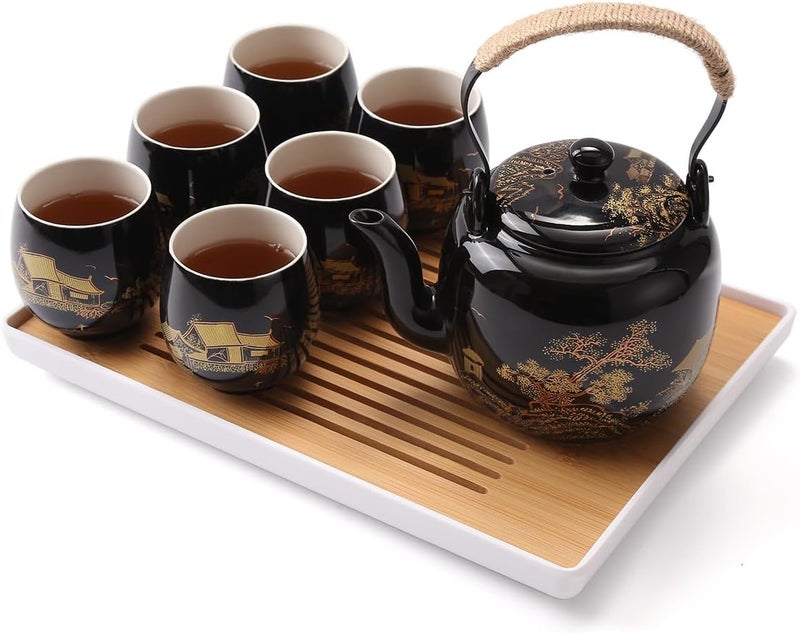 DUJUST Japanese Tea Set, Black Porcelain Tea Set with 1 Teapot Set, 6 Tea Cups, 1 Tea Tray, 1 Stainless Infuser, Beautiful Asian Tea Sets for Adults, Tea Lover/Women/Men (Countryside in Golden) - Image 1