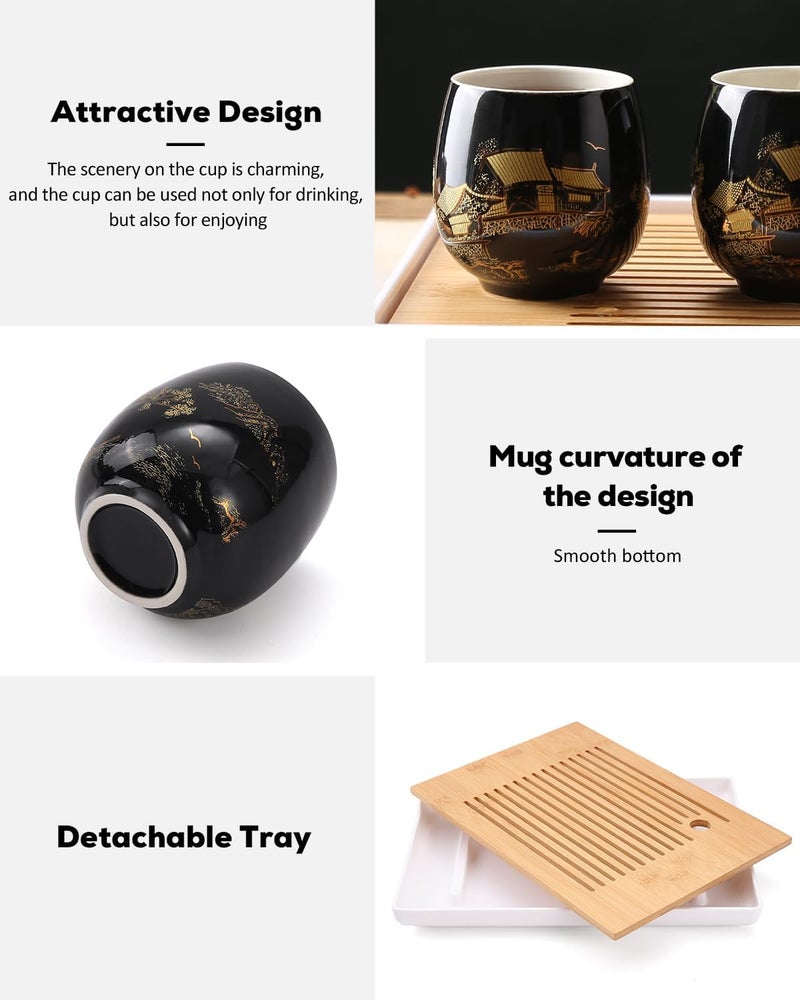 DUJUST Japanese Tea Set, Black Porcelain Tea Set with 1 Teapot Set, 6 Tea Cups, 1 Tea Tray, 1 Stainless Infuser, Beautiful Asian Tea Sets for Adults, Tea Lover/Women/Men (Countryside in Golden) - Image 4