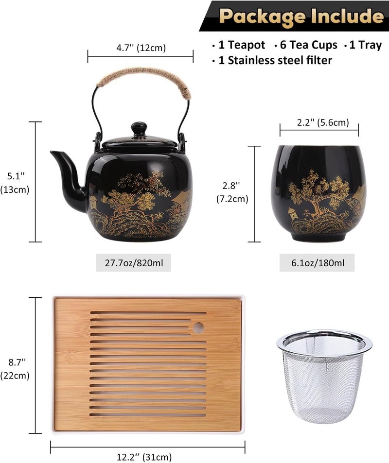DUJUST Japanese Tea Set, Black Porcelain Tea Set with 1 Teapot Set, 6 Tea Cups, 1 Tea Tray, 1 Stainless Infuser, Beautiful Asian Tea Sets for Adults, Tea Lover/Women/Men (Countryside in Golden) - Image 5