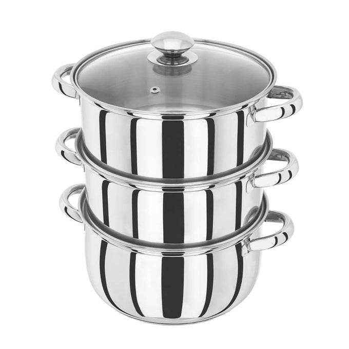 ESSENTIALS STAINLESS STEEL 3 TIER STEAMER 22CM VENTED GLASS LID INTEGRAL CASSEROLE POT OVEN SAFE INDUCTION READY