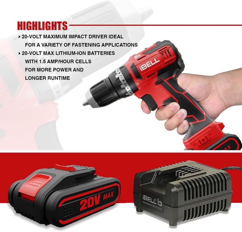 iBELL BM18-60 20V Brushless Impact Driver Drill (Cordless) with 2 Batteries, Charger, Case and Screw Driver Bits - Image 4