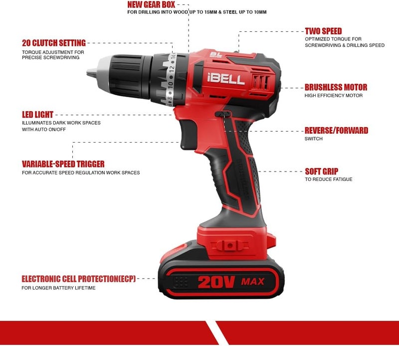 iBELL BM18-60 20V Brushless Impact Driver Drill (Cordless) with 2 Batteries, Charger, Case and Screw Driver Bits - Image 2