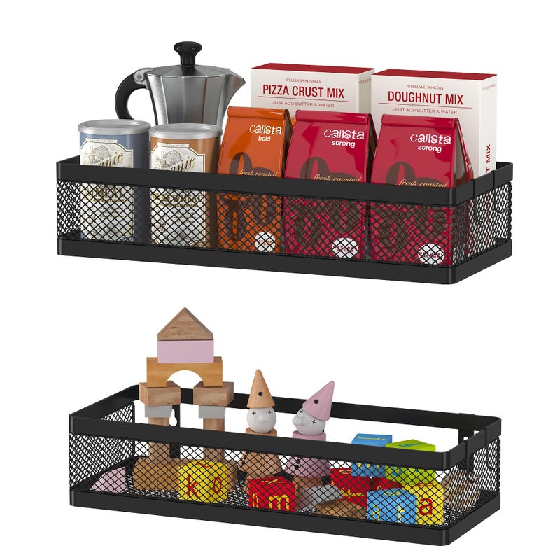 PUSDON Hanging Storage Baskets Organizer Wall Mount, Metal Wire Storage Bin Rack for Kitchen Bathroom Shower Spice Shelf Home Decor Essentials Black-2 Packs (Netting) - Image 1