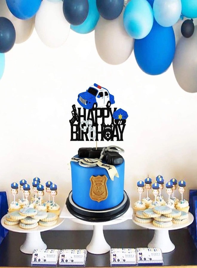 Confetti! Police Birthday Cake Topper Policeman Officer Police Car Themed for Kids Boy Girl Man Happy Birthday Retirement Party Supplies Black Glitter Decorations - Image 2