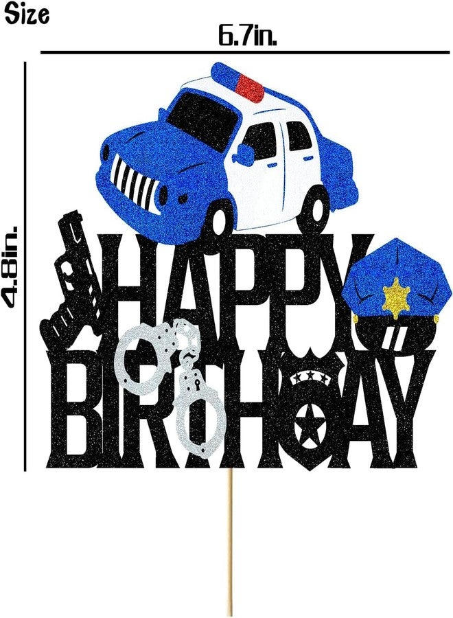 Confetti! Police Birthday Cake Topper Policeman Officer Police Car Themed for Kids Boy Girl Man Happy Birthday Retirement Party Supplies Black Glitter Decorations - Image 3