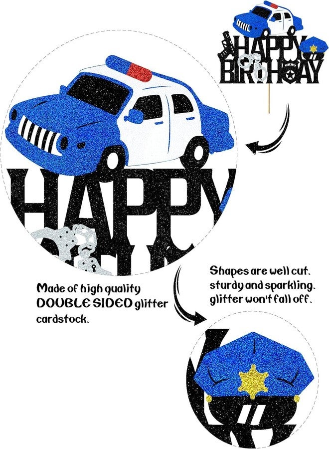 Confetti! Police Birthday Cake Topper Policeman Officer Police Car Themed for Kids Boy Girl Man Happy Birthday Retirement Party Supplies Black Glitter Decorations - Image 4