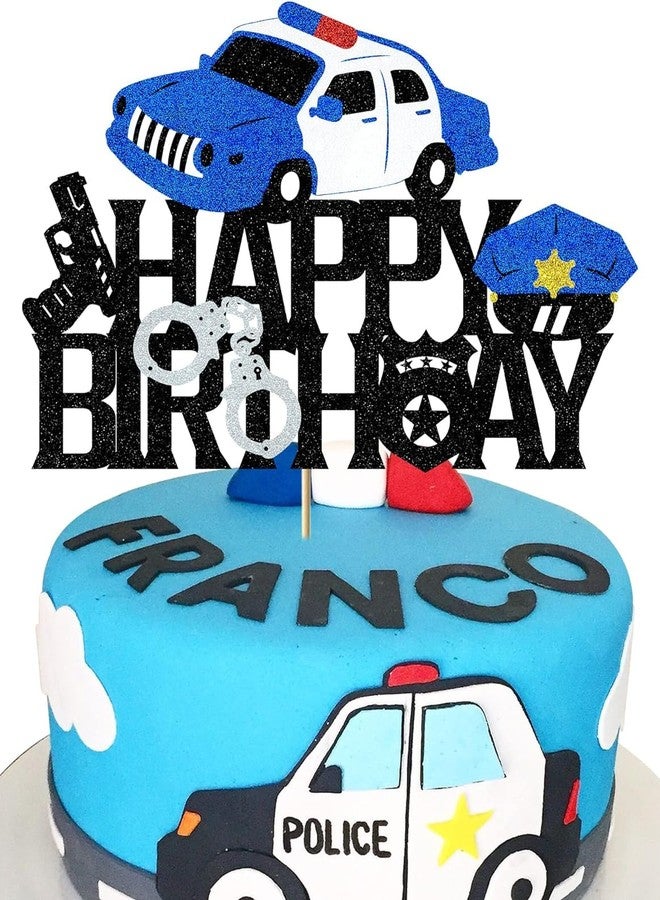 Confetti! Police Birthday Cake Topper Policeman Officer Police Car Themed for Kids Boy Girl Man Happy Birthday Retirement Party Supplies Black Glitter Decorations - Image 1