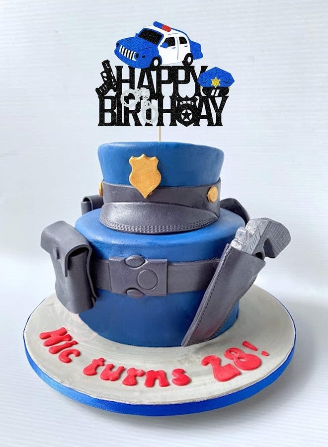Confetti! Police Birthday Cake Topper Policeman Officer Police Car Themed for Kids Boy Girl Man Happy Birthday Retirement Party Supplies Black Glitter Decorations - Image 5