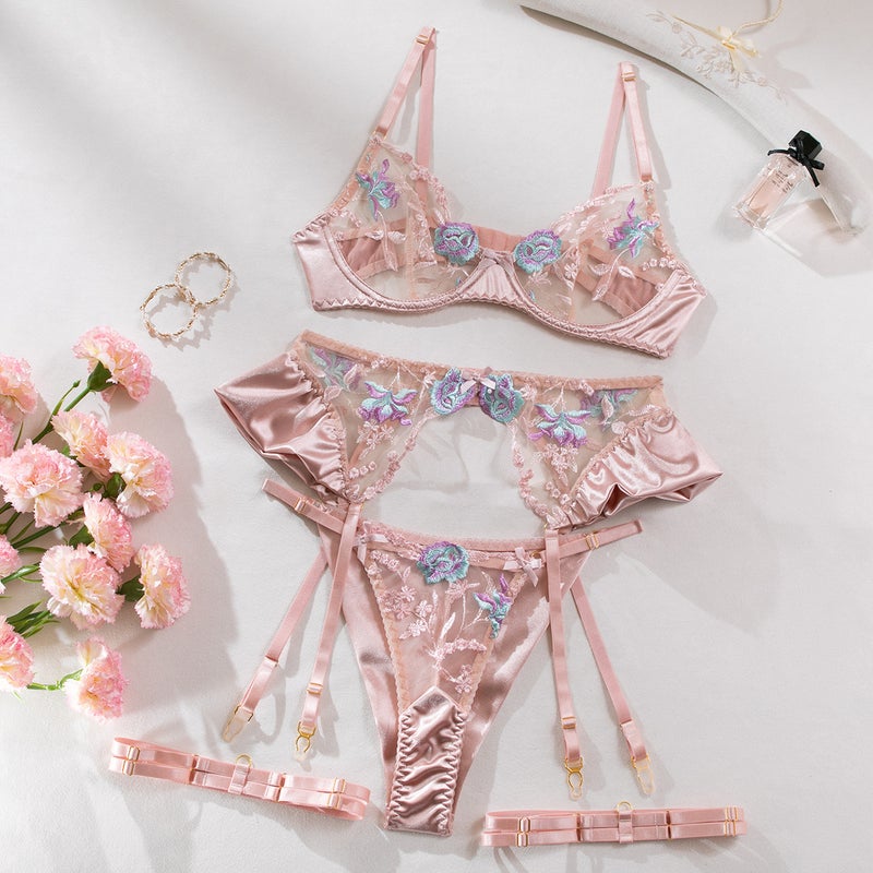 Light Purple Mercerized Embroidery Super Beautiful Lingerie Four-Piece Independent Station Sale - Image 1
