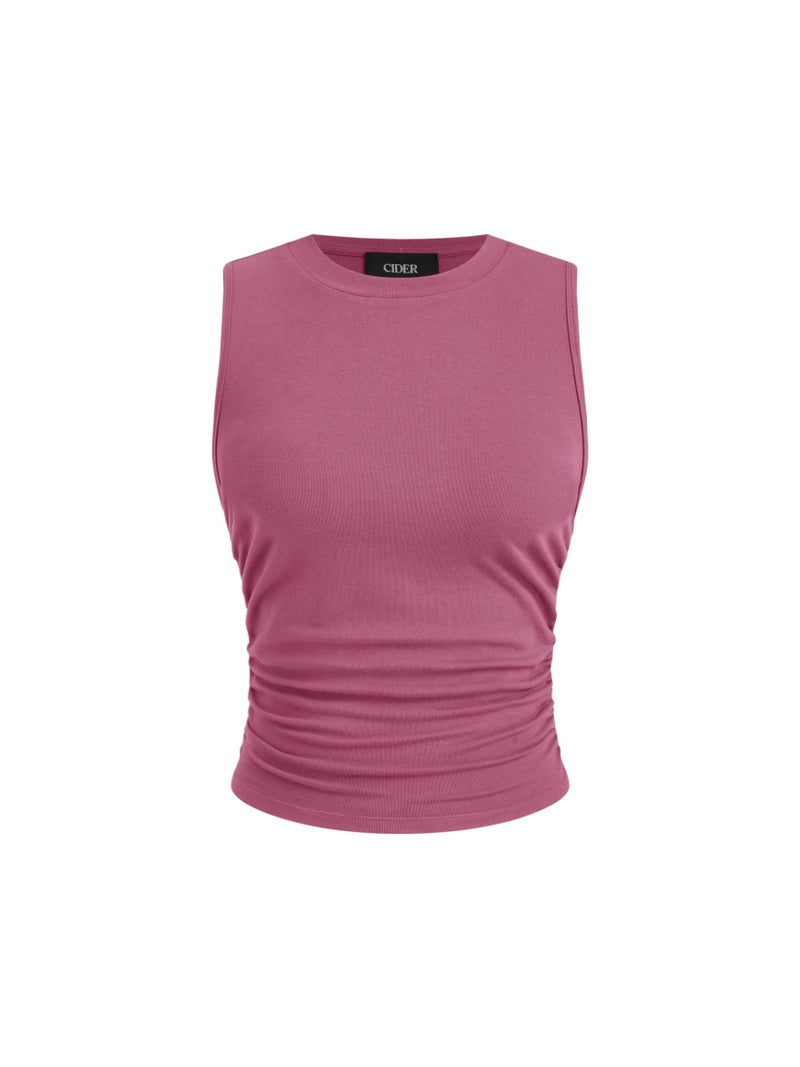 CIDER Womens Tank Tops Sleeveless High Neck Ruched Crop Tops Going Out Casual Basic Ribbed Shirt Summer Fashion Clothing: Pink, M - Image 1