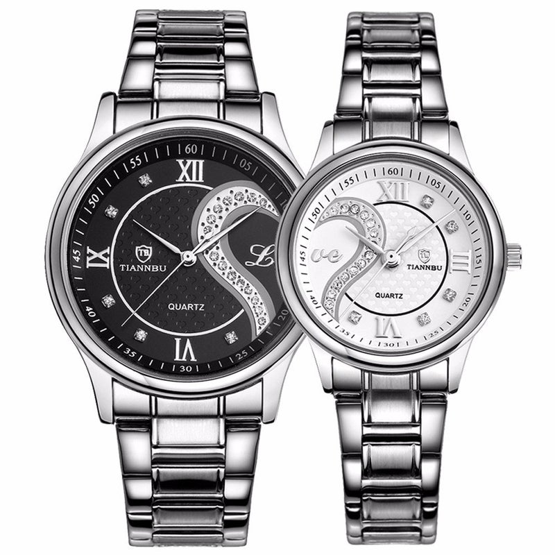 DREAMING Q&P Fq-102 Stainless Steel Romantic Pair His and Hers Wrist Watches for Men Women Black White Set of 2