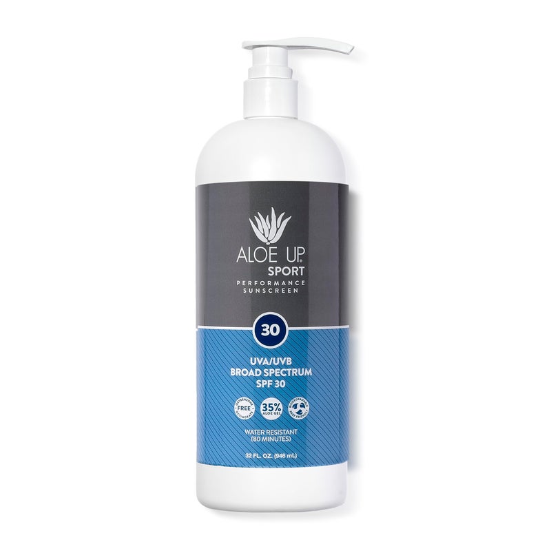 Aloe Up Sport Sunscreen Lotion SPF 30 Broad Spectrum UVAUVB Sunscreen Protector for Face and Body With Hydrating Aloe Vera Gel NonGreasy No White Cast Reef Safe FragranceFree 32 Oz