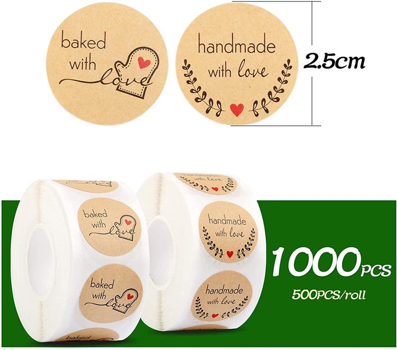 KASTWAVE 1000Pcs/2 Rolls Kraft Paper Thank You Stickers Handmade With Love And Baked With Love Stickers 1 Inch Round Diy Self-Adhesive Stickers Homemade Baking Packing Labels - Image 2