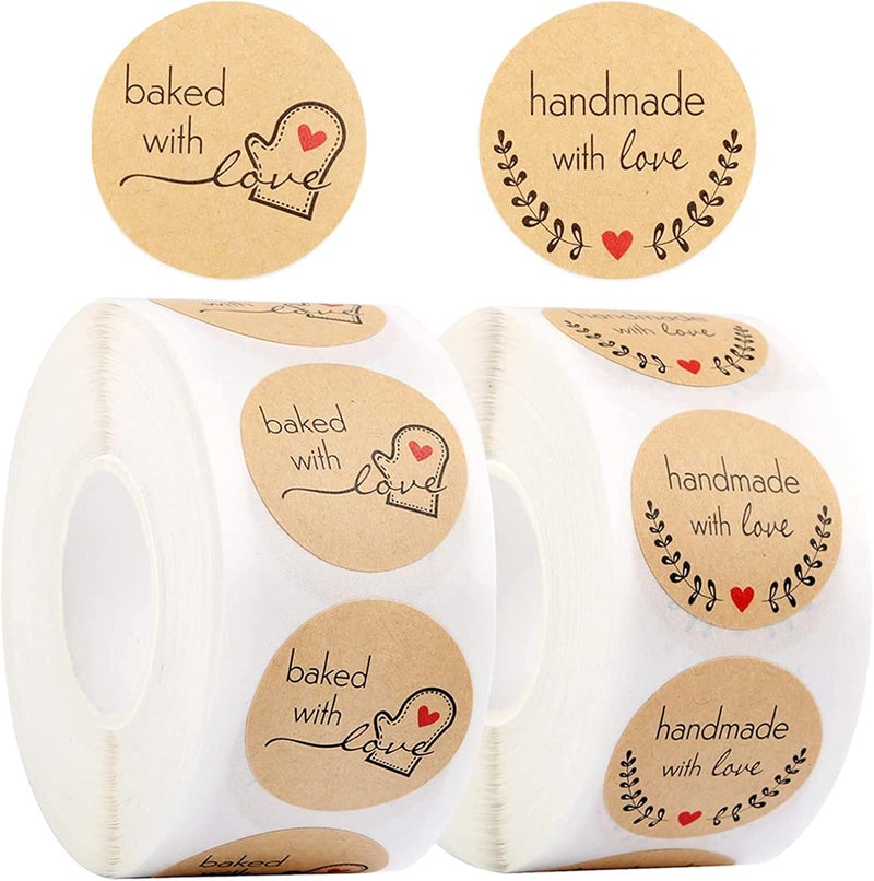KASTWAVE 1000Pcs/2 Rolls Kraft Paper Thank You Stickers Handmade With Love And Baked With Love Stickers 1 Inch Round Diy Self-Adhesive Stickers Homemade Baking Packing Labels - Image 1