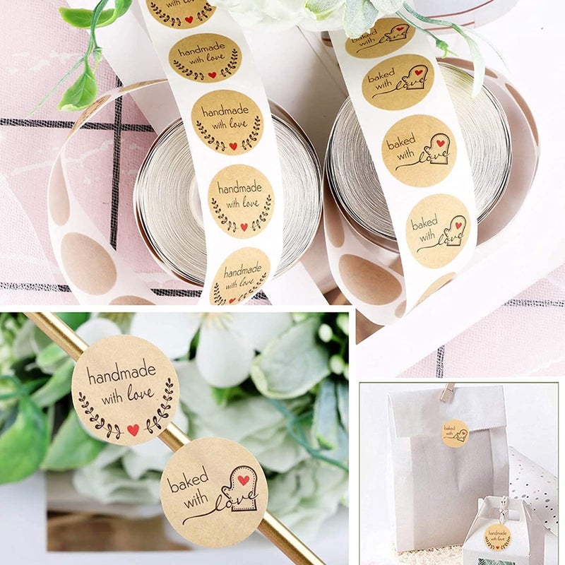 KASTWAVE 1000Pcs/2 Rolls Kraft Paper Thank You Stickers Handmade With Love And Baked With Love Stickers 1 Inch Round Diy Self-Adhesive Stickers Homemade Baking Packing Labels - Image 3