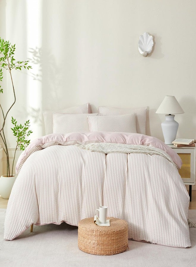 BUPIRD Grayish Pink Queen Size Comforter Set Striped Soft Washed Microfiber Jacquard 3 Pieces Striped Bedding Sets Grayish Pink White Comforter Queen for All Seasons and 2 Pillowcases Comfort Breathable - Image 3