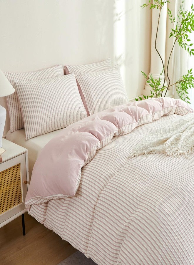 BUPIRD Grayish Pink Queen Size Comforter Set Striped Soft Washed Microfiber Jacquard 3 Pieces Striped Bedding Sets Grayish Pink White Comforter Queen for All Seasons and 2 Pillowcases Comfort Breathable - Image 5