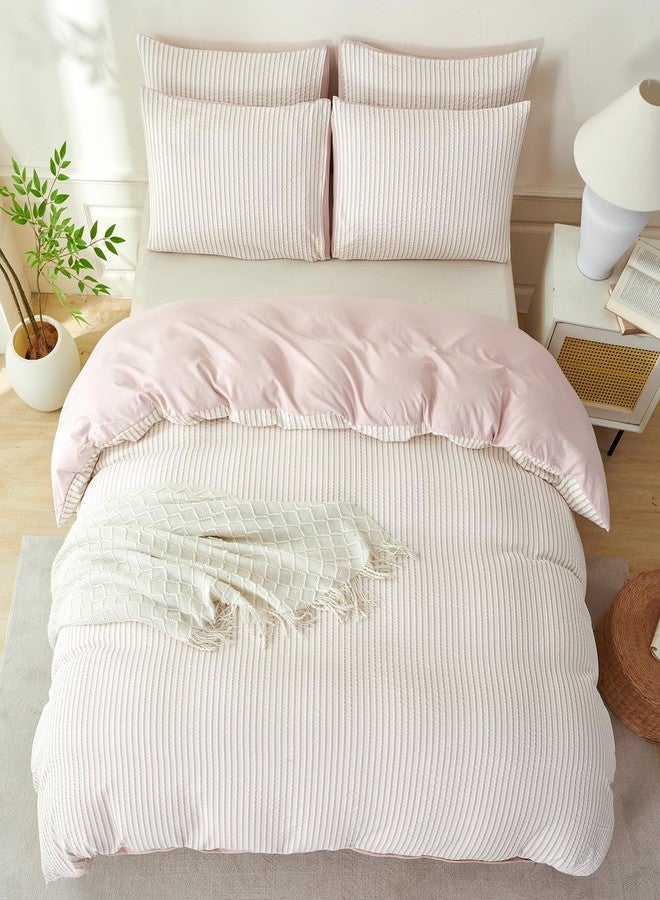 BUPIRD Grayish Pink Queen Size Comforter Set Striped Soft Washed Microfiber Jacquard 3 Pieces Striped Bedding Sets Grayish Pink White Comforter Queen for All Seasons and 2 Pillowcases Comfort Breathable - Image 4