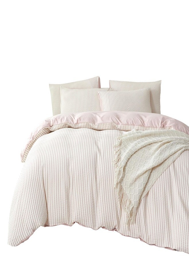 BUPIRD Grayish Pink Queen Size Comforter Set Striped Soft Washed Microfiber Jacquard 3 Pieces Striped Bedding Sets Grayish Pink White Comforter Queen for All Seasons and 2 Pillowcases Comfort Breathable - Image 2