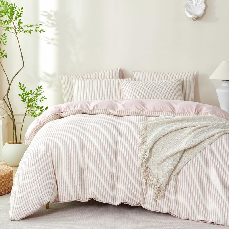 BUPIRD Grayish Pink Queen Size Comforter Set Striped Soft Washed Microfiber Jacquard 3 Pieces Striped Bedding Sets Grayish Pink White Comforter Queen for All Seasons and 2 Pillowcases Comfort Breathable - Image 1