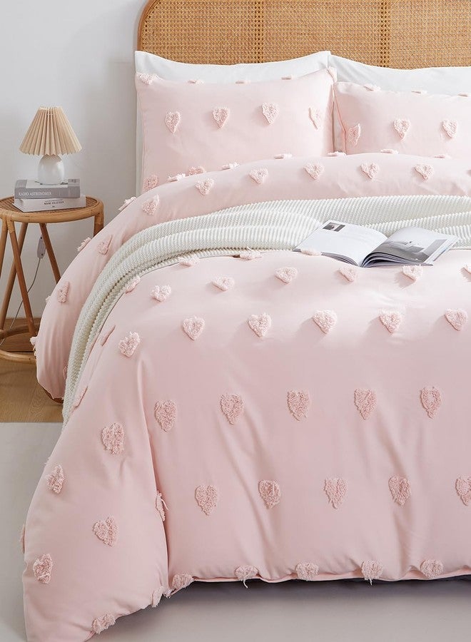 Nayoroom Pink Heart Duvet Cover Queen Size Boho Tufted Chenille Cute Heart Textured Comforter Cover 3Pcs Luxury Soft Washed Microfiber Aesthetic Bedding Set with Zipper Closure for All Season - Image 3