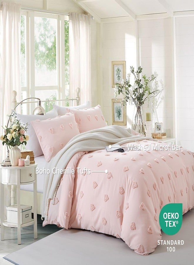 Nayoroom Pink Heart Duvet Cover Queen Size Boho Tufted Chenille Cute Heart Textured Comforter Cover 3Pcs Luxury Soft Washed Microfiber Aesthetic Bedding Set with Zipper Closure for All Season - Image 2