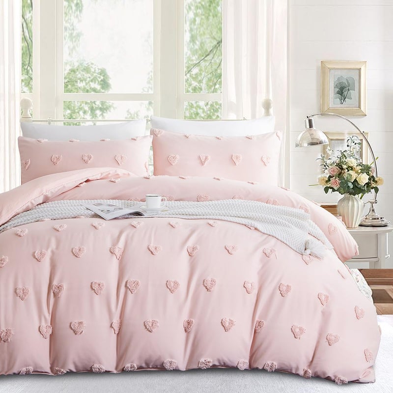 Nayoroom Pink Heart Duvet Cover Queen Size Boho Tufted Chenille Cute Heart Textured Comforter Cover 3Pcs Luxury Soft Washed Microfiber Aesthetic Bedding Set with Zipper Closure for All Season - Image 1