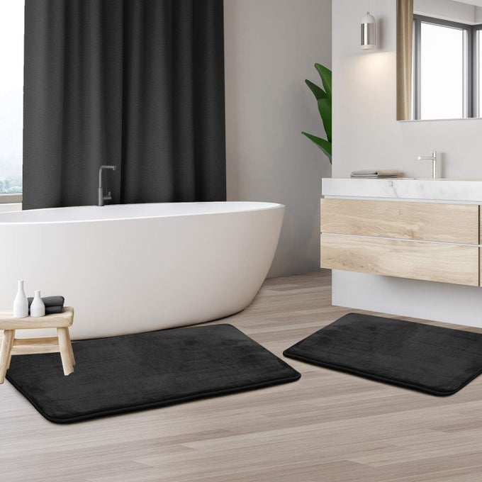 BLACK, LARGE & SMALL : MEMORY FOAM BATHRUG  BLACK BATH MAT, SET OF 2, LARGE 20 X 32, AND A SMALL 17 X 24, NON SLIP LATEX FREE PLUSH MICROFIBER. COMFORTABLE, BEAUTIFUL AND MAXIMUM ABSORBENCY