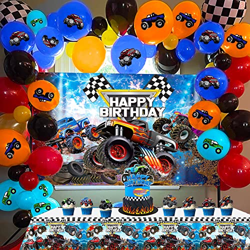 Roaring Good Time Monster Truck Birthday Decorations 63 PCS Monster Truck Birthday Party Supplies Monster Truck Backdrop Balloons Tablecloth Cake Toppers Cupcake Toppers - Image 1