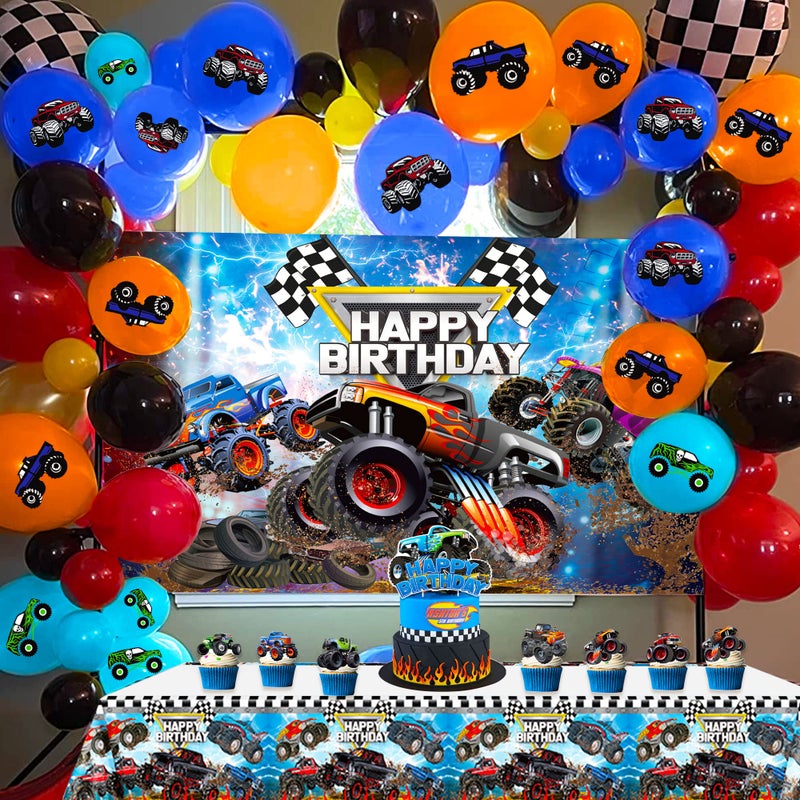 Roaring Good Time Monster Truck Birthday Decorations 63 PCS Monster Truck Birthday Party Supplies Monster Truck Backdrop Balloons Tablecloth Cake Toppers Cupcake Toppers - Image 2