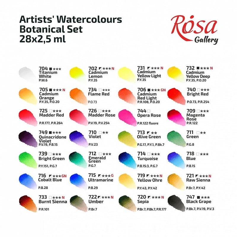ROSA Gallery Botanical Watercolor Paint Set, Vibrant Kit Designed by Professional Artists, Washable, High Lightfastness Pigments, Made in Ukraine, Packed in Metal Paint Box, 28 Ct. - Image 3
