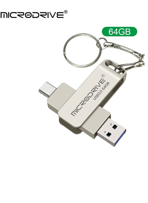 MicroDrive 64gb For Pc & Phone Dual Flash Drive Type-C, Usb 3.0 Memory Stick, No App Required, For Photos, Videos, Backups