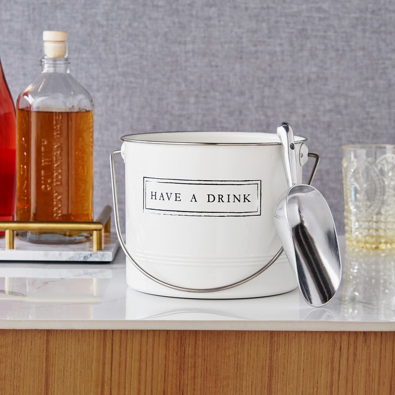 Twine Have A Drink White Enameled Metal Ice Bucket & Scoop for Parties - Wine Bottle And Beer Bottle Bucket in 1 Gallon - Image 5