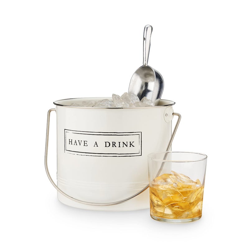 Twine Have A Drink White Enameled Metal Ice Bucket & Scoop for Parties - Wine Bottle And Beer Bottle Bucket in 1 Gallon - Image 1