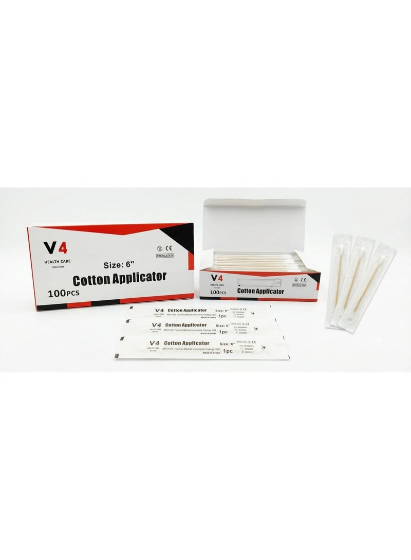 Protector Health Care Solution Sterile Cotton Swab Applicator 6 Inch Wooden Handle - Pack of 100 Pieces - Image 1