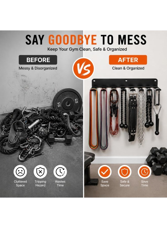 Gym Equipment Storage Rack - Multi-Purpose Home Gym Organization Storage Wall Mount for Resistance Bands, Jump Ropes, Lifting Belt, Chains, Barbells (16" / 8 Prongs) - Image 5