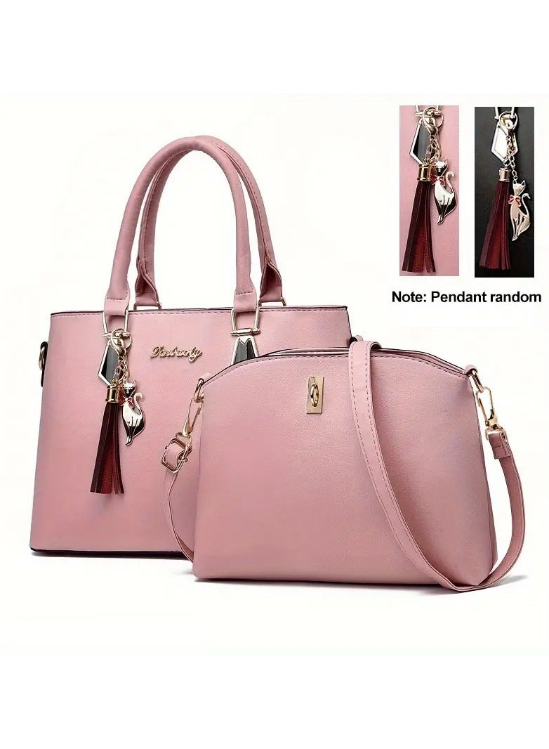 2Pcs Solid Color Handbag Set, Fashion Tassel Decor Tote Bag, Women's Simple Crossbody Bag