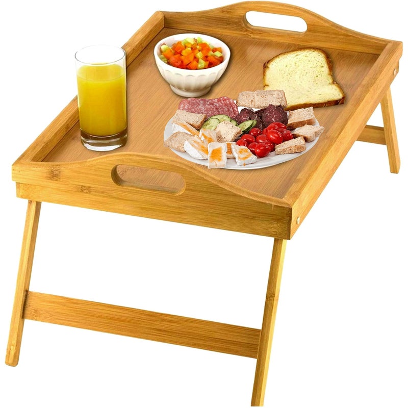 HomeIt Bed Table Tray with Folding Legs Bamboo Breakfast Tray with Handles for Bed Sofa Eating and Laptops Snacking and Working