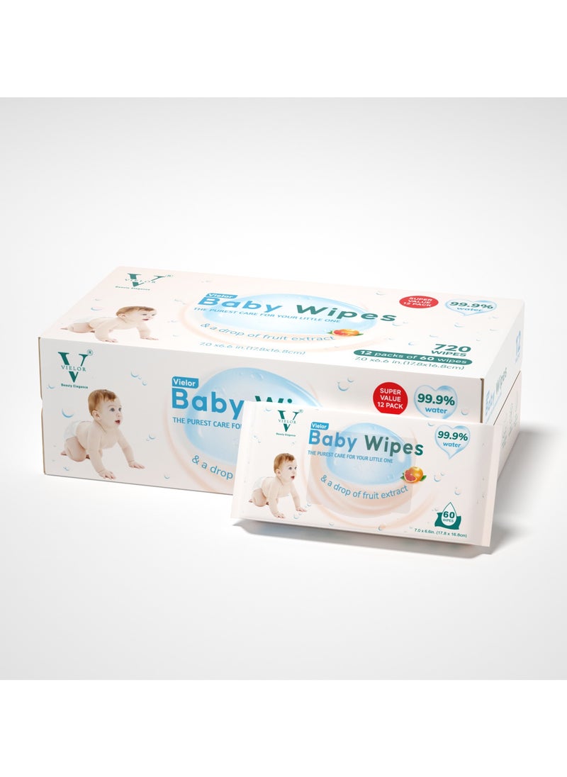 VIELOR - Premium Baby Wipes, 99.9% Water Based, Ultra-Thick, Soft & Pure Wipes, Unscented, Biodegradable, 100% Plastic Free, Safe for Newborns & Sensitive Skin, 720 Count (12 Packs x60). - Image 1