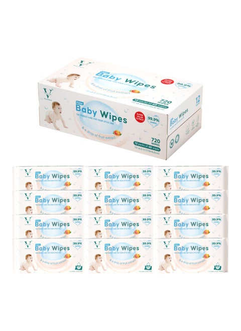 Premium Baby Wipes, 99.9% Water Based, Ultra-Thick, Soft & Pure Wipes, Unscented, Biodegradable, 100% Plastic Free, Safe for Newborns & Sensitive Skin, 720 Count (12 Packs x60).