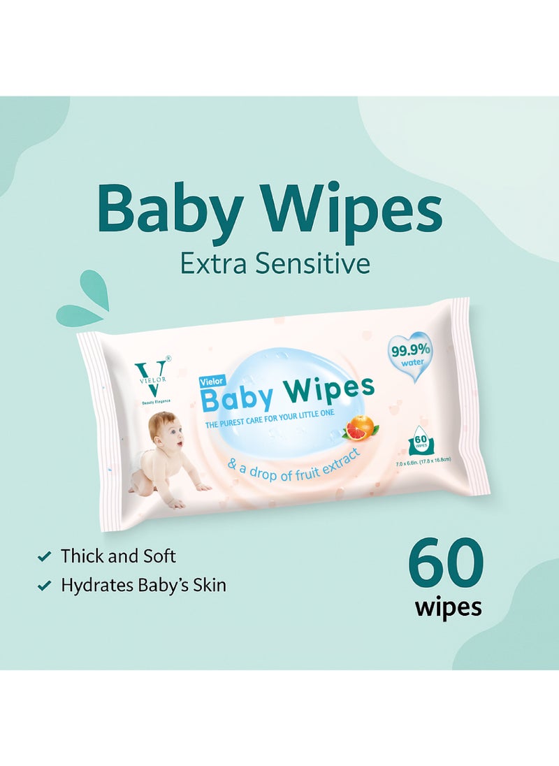 VIELOR - Premium Baby Wipes, 99.9% Water Based, Ultra-Thick, Soft & Pure Wipes, Unscented, Biodegradable, 100% Plastic Free, Safe for Newborns & Sensitive Skin, 720 Count (12 Packs x60). - Image 1