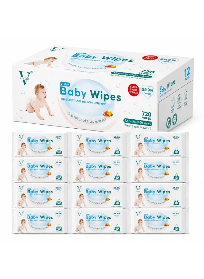 Vielor Baby Wipes 99.9% Pure Aqua water & a drop of fruits seeds Extract – Ultra Thick, Soft, Biodegradable, No Plastic, No Fragrance – Safe for Newborns, Sensitive Skin – 720 Count (12 x 60)