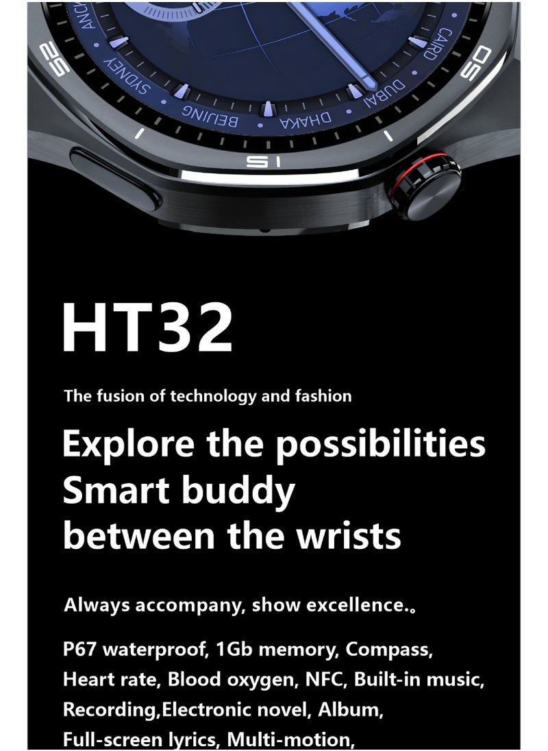 HT32 smartwatch OLED screen (466×466), IP68 waterproof, 1Gb memory, compass, true heart rate, blood oxygen, NFC, built-in music, recording, e-novel, photo album, full-screen lyrics, multi-sports, message notification, latest UI, 21 sets of business dials.