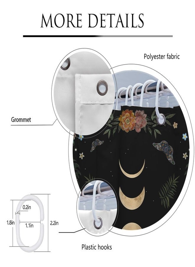 Coxila Moon Phase Shower Curtain Moonlit Goth Gothic Witchy Celestial Hippie Halloween Spooky Dark Black Floral Flower Moody Whimsical Galaxy Star Space Fun 60 x 72 Inch Polyester Fabric 12 Pack Hooks - Image 2