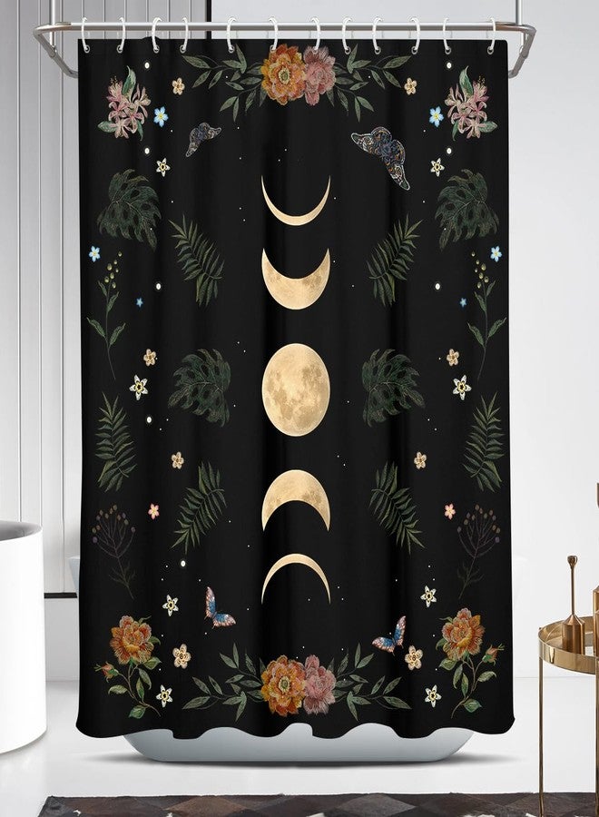 Coxila Moon Phase Shower Curtain Moonlit Goth Gothic Witchy Celestial Hippie Halloween Spooky Dark Black Floral Flower Moody Whimsical Galaxy Star Space Fun 60 x 72 Inch Polyester Fabric 12 Pack Hooks - Image 1